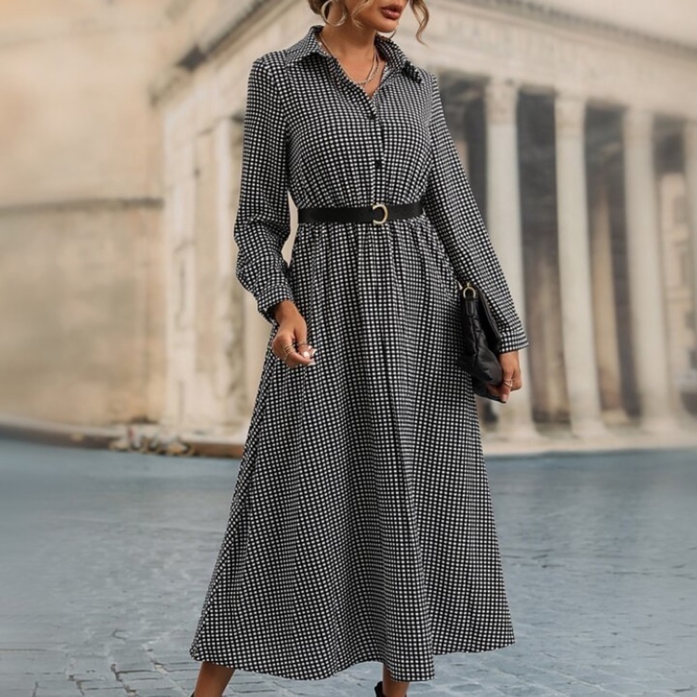 Shein Gingham Print Shirt Dress Without Belt size 4 modesty‎ classic elegant - Picture 2 of 14